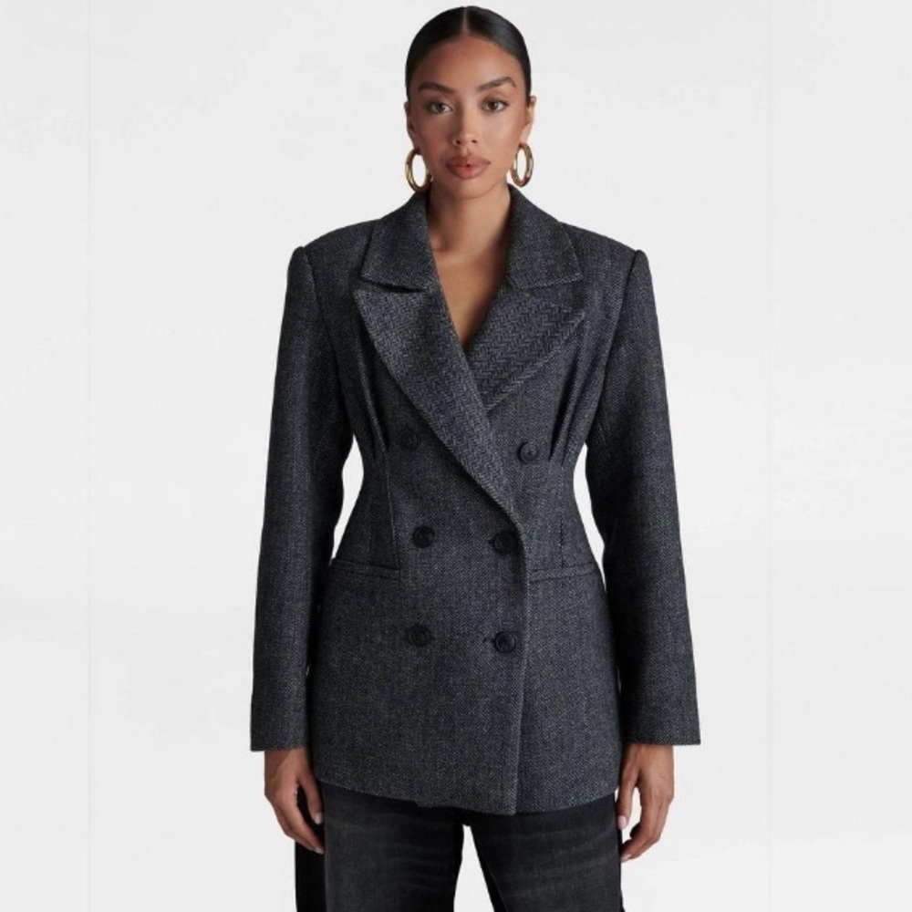 NWT KBB Grey Herringbone Women's Double-Breasted Gray Jacket Blazer Small
